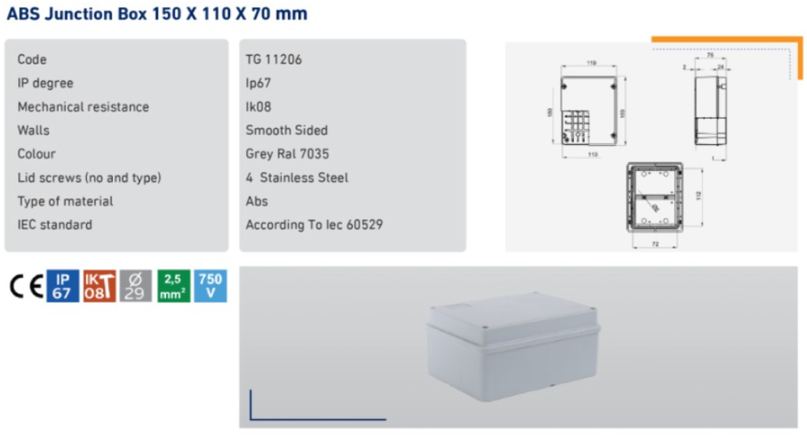 ABS Junction Box 150x110x70 Type 2